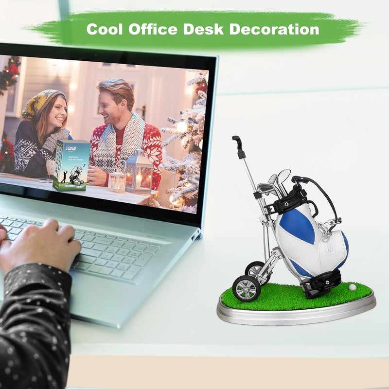10L0L Golf Pen Holder 3 Club Pens & Movable Cart, Mini Golf Bag Desk Decor for Office, Funny Gifts for Men, Dad, Boss Stocking Stuffers for Golfers on Birthday, Christmas, Fathers Day (Blue) - Image 3